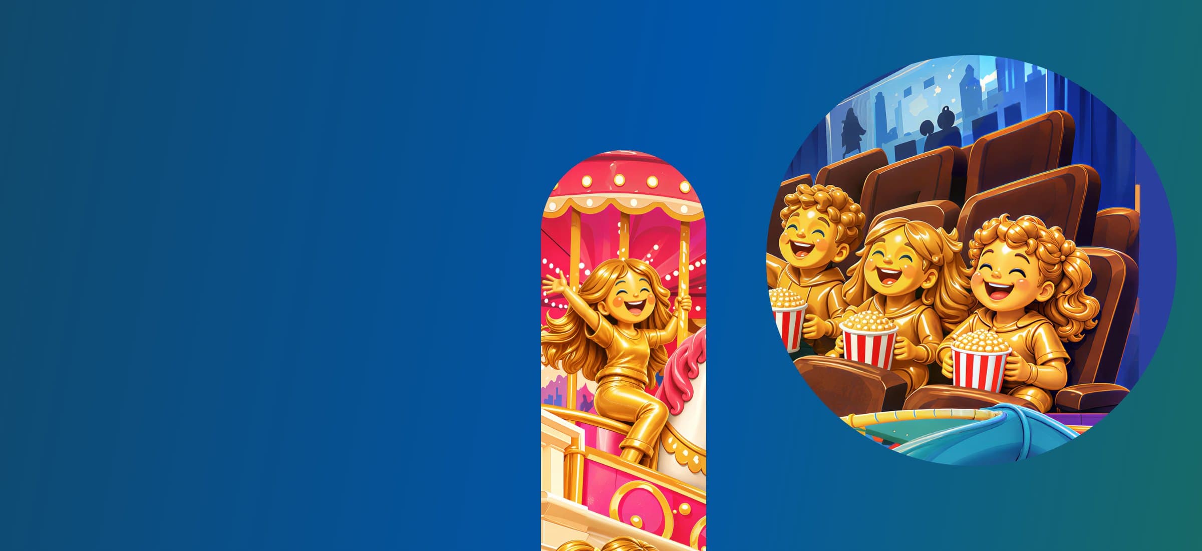 Crianças douradas no cinema e no carrossel do Shopping Dubai, com a chamada do catálogo do Dia das Crianças